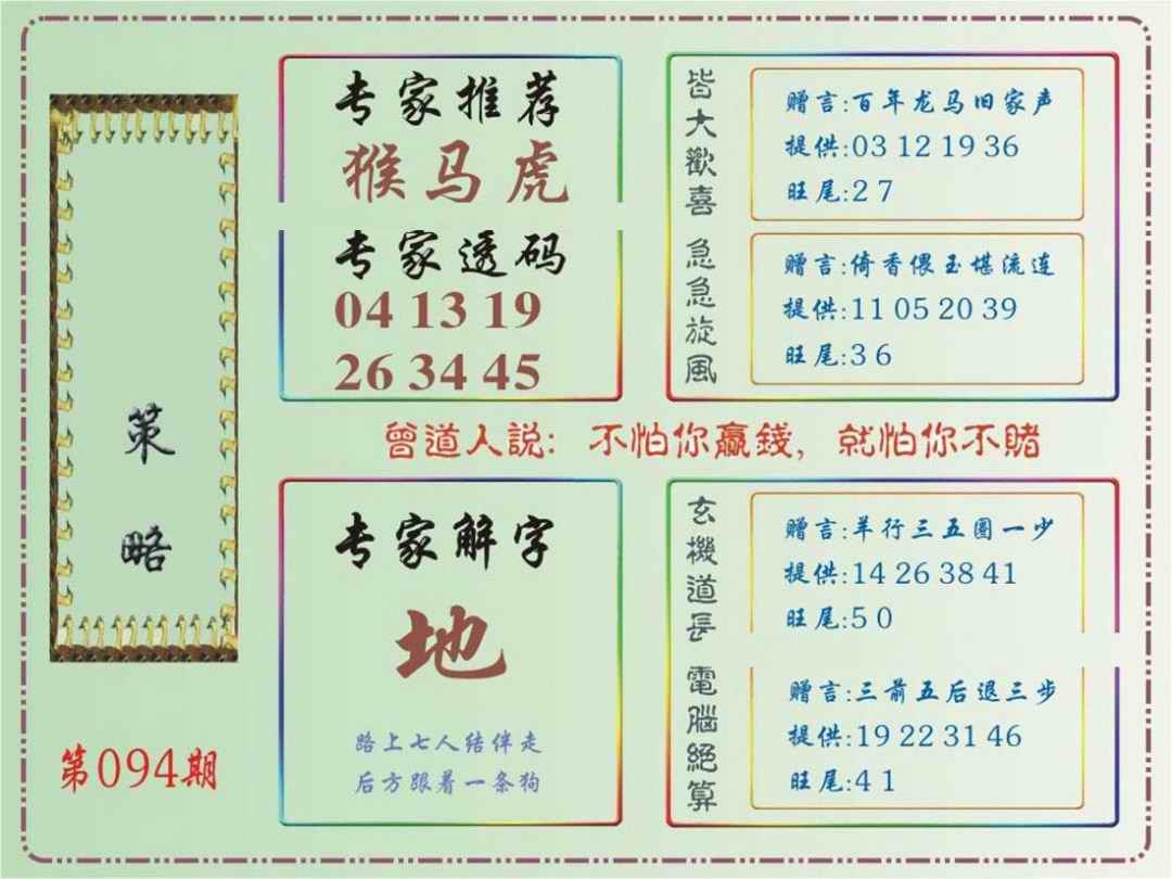 六合彩094期马经策略