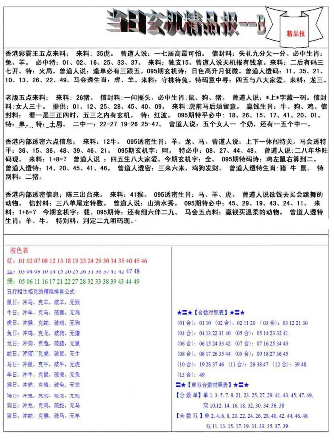 六合彩095期当日玄机精品报B