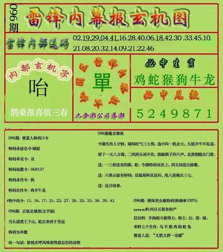 六合彩096期雷锋玄机报(新上市)