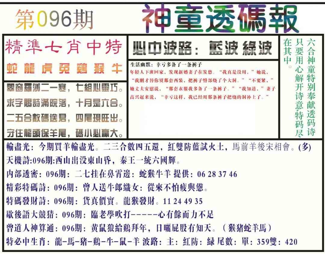 六合彩096期神童透码报(正版)